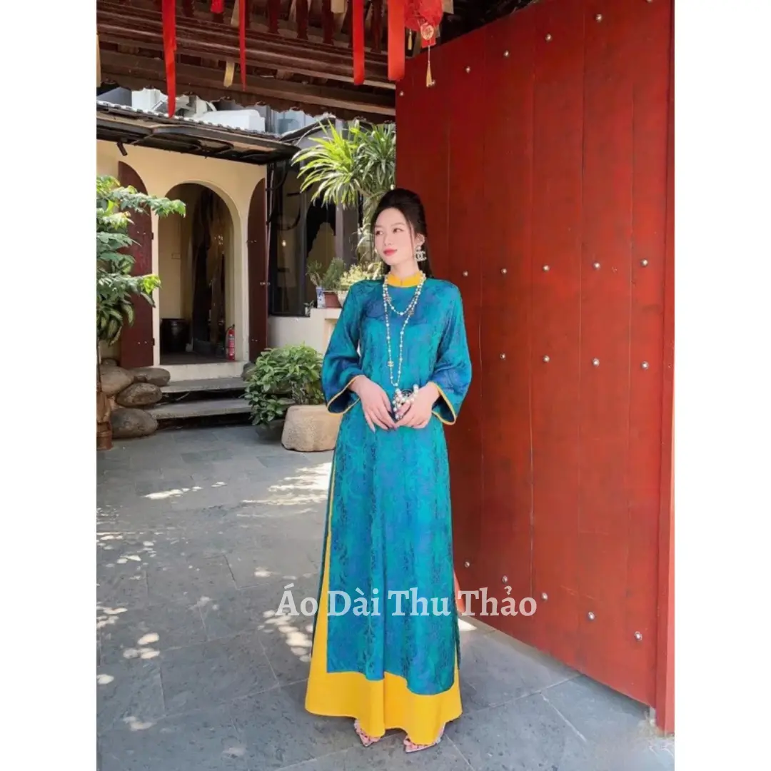 Áo dài Gấm thọ dơi phối cổ kèm quần đủ màu- Áo dài cách tân gấm dáng Suông nhiều màu (AODAITET)