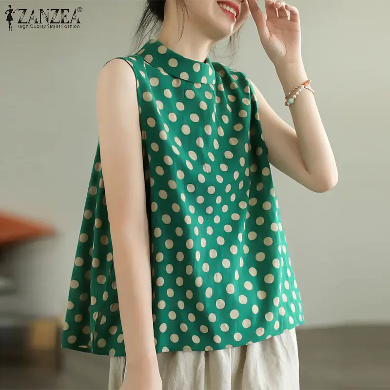 Áo Cánh Nữ, ZANZEA, Phong Cách Hàn Quốc, Không Tay, Áo Yếm Chữ A, Áo Ba Lỗ, Họa Tiết Chấm Bi Cổ Điển Áo Cổ Tròn
