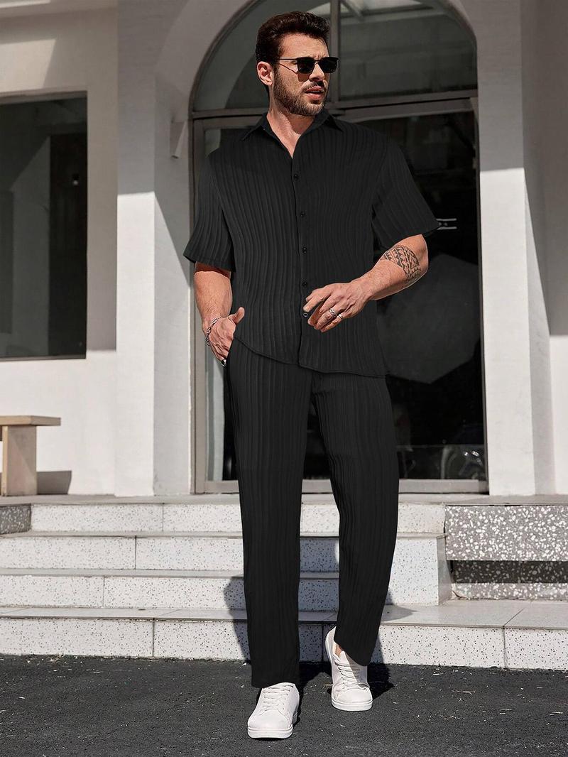 Product Introduction of Two-piece Set Men's Solid Textured Button Front Shirt & Drawstring Waist Pants, Loose Casual Short Sleeve Collared Top & Pocket Trousers for Beach Vacation, Men's Two-piece Outfits for All Seasons 12