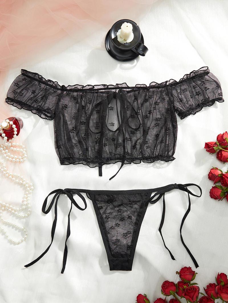 Product Introduction of Women's Ditsy Floral Print Sheer  Lettuce Trim Bra & Thong Sexy Two-piece Set, Sexy Frill Trim Bra & Tie Side Panty Set, Women's Lingerie Set for All Seasons 2