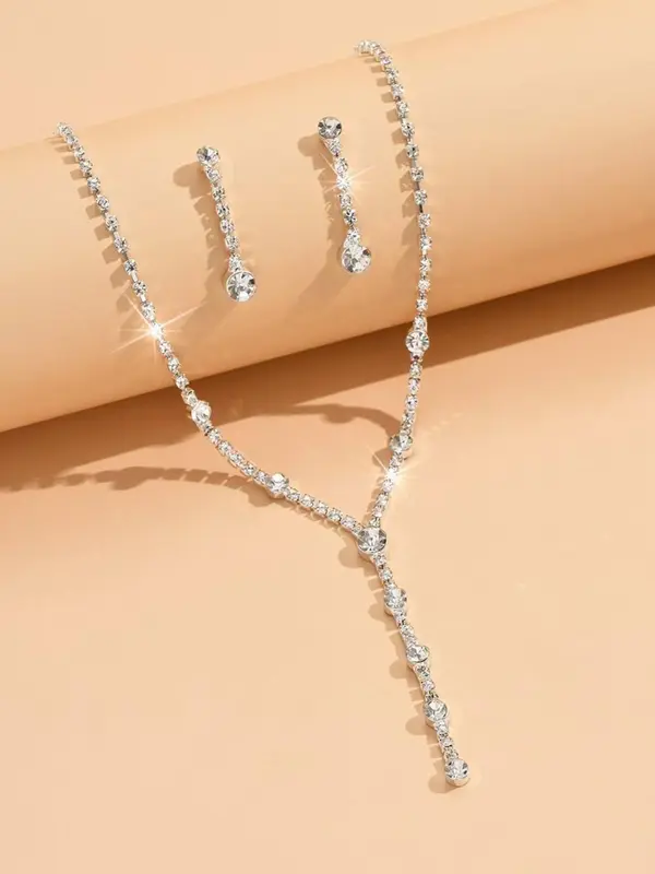 Women's Elegant Rhinestone Decor Pendant Necklace & Dangle Earrings & Bracelet, Exquisite Trendy Jewelry Set, Fashion Accessories 3
