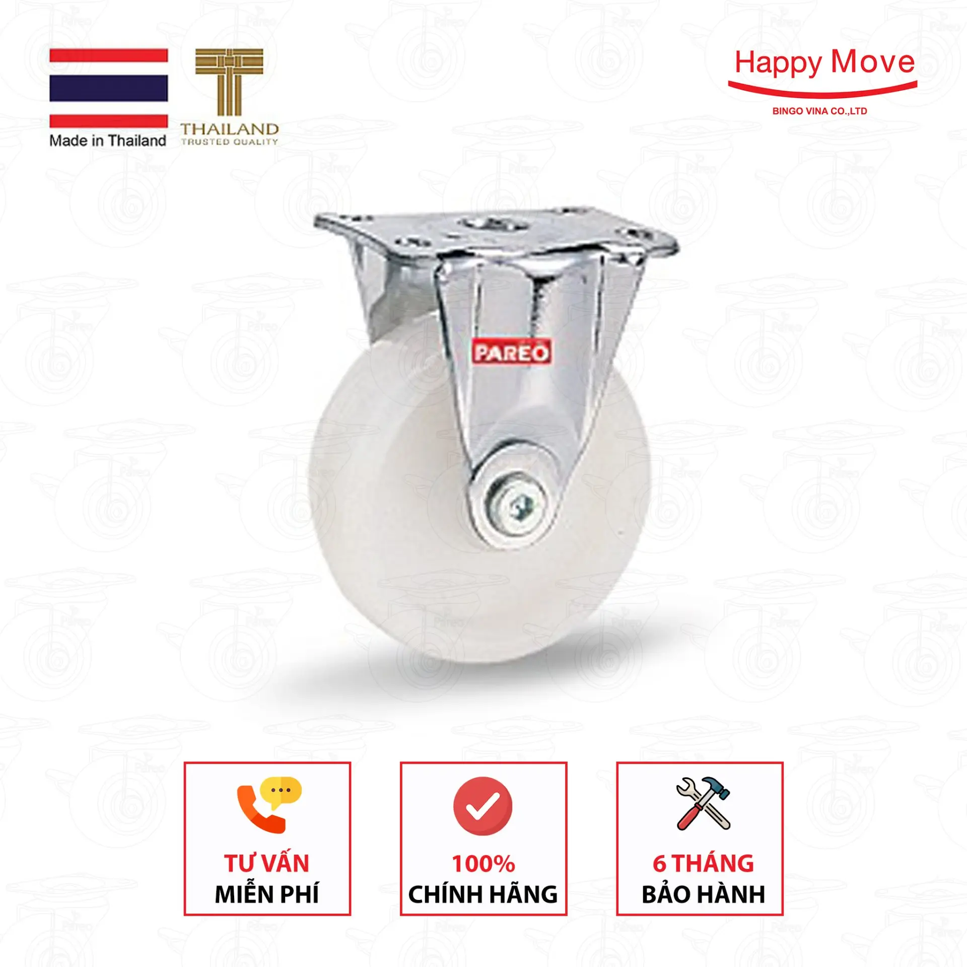 Bánh xe đẩy nylon tải nhẹ càng cố định - 50-65-75mm - Happy Move Thái Lan