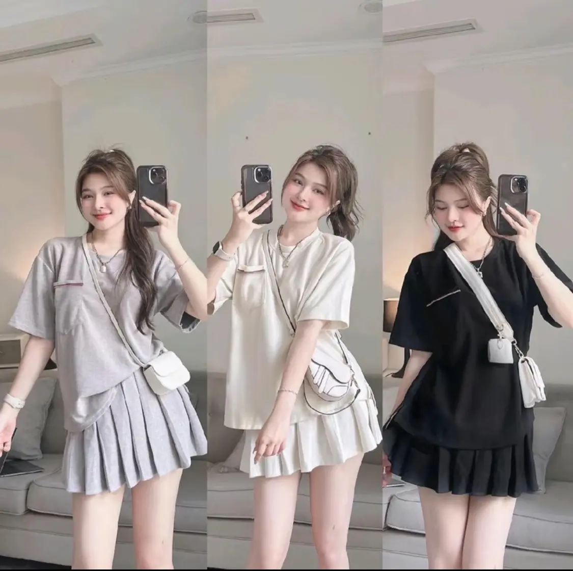 Sét đồ nữ túi kẻ kèm chân váy xếp ly có quần bảo hộ siêu xinh - Chất cotton khô vải chính phẩm Women Áo Top Kem
