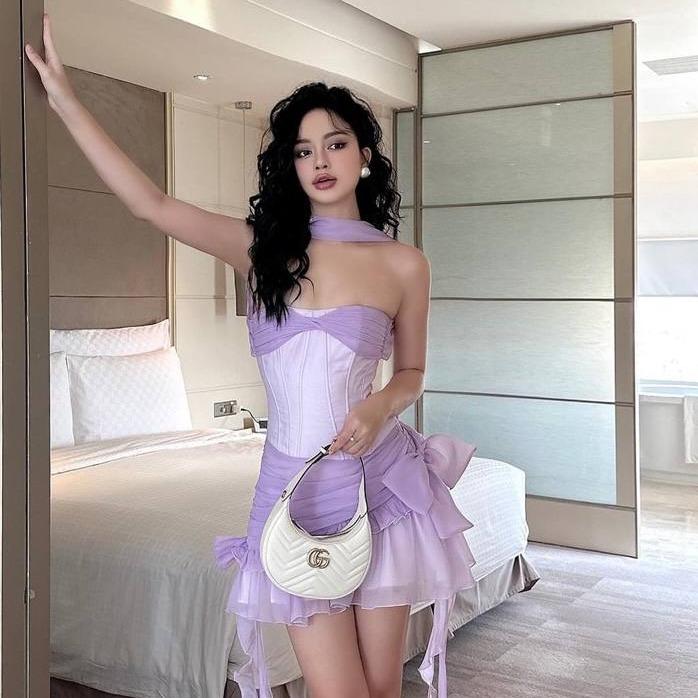 Đầm Corset Nơ Ngực Tua Rua, Đầm Váy Dự Tiệc Màu Tím Pastel, Đầm Váy Corset Chiết Eo Tạo Dáng Đồng Hồ Cát (TÍM PASTEL) KC1583