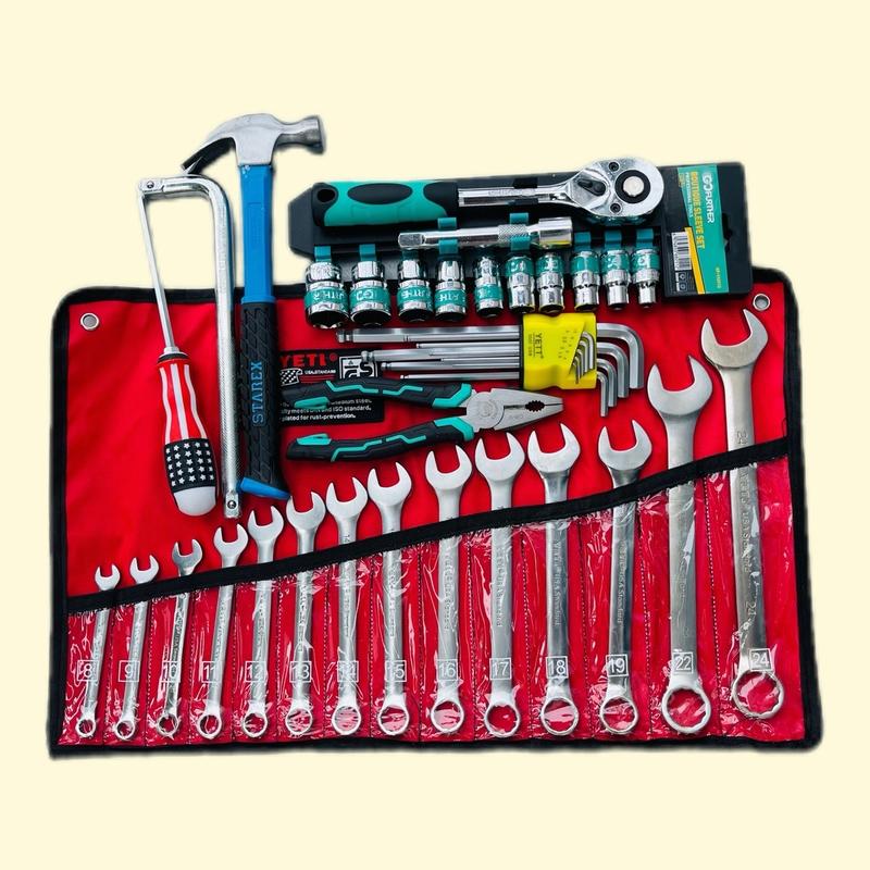   01 Bộ khóa cờ Lê 14 chi tiết  Size 8-24  + Bộ tuýp khẩu 12 chi tiết Gofurther 1 2" + Bộ lục giác bi Yeti 9 cây  USA  + Kìm dẹp + Búa + Tua vít +  Tặng cần L  bo chia khoa sửa xe 