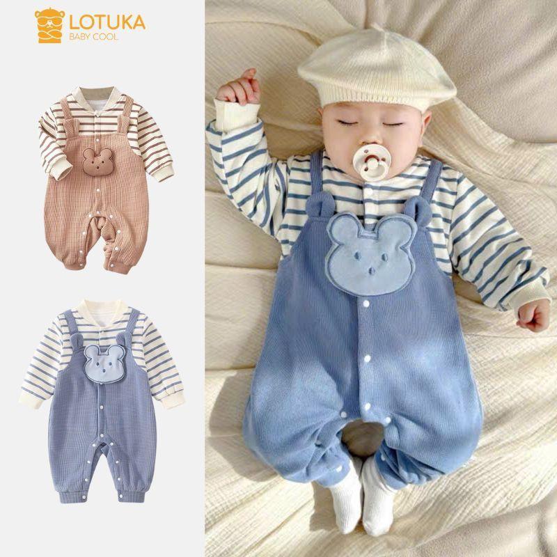 Bodysuit Yếm Cotton Tổ Ong LOTUKA Dài Tay, Bộ Liền Thân Cho Bé Trai Bé Gái, Quần Áo Trẻ Em Size 3-12kg Voi