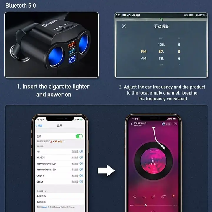 Tẩu Sạc 2 Cổng USB Tích Hợp Máy Nghe Nhạc Mp3 Bluetooth 5.0 FM Rảnh Tay Chuyên Dụng Cho Xe Hơi 7