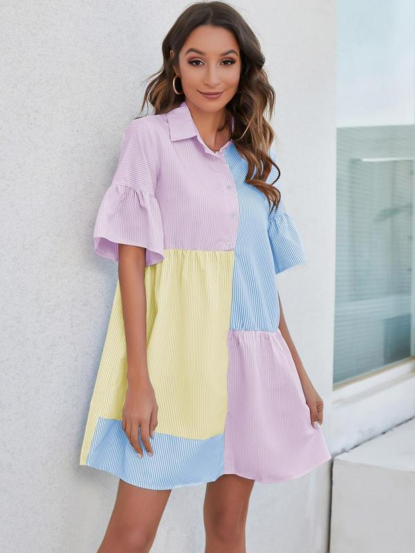 Women's Colorblock Striped Print Button Front Shirt Dress, Summer Clothes, Casual Flounce Sleeve Collared Short Dress for Summer, Ladies Clothes for Daily Wear 8