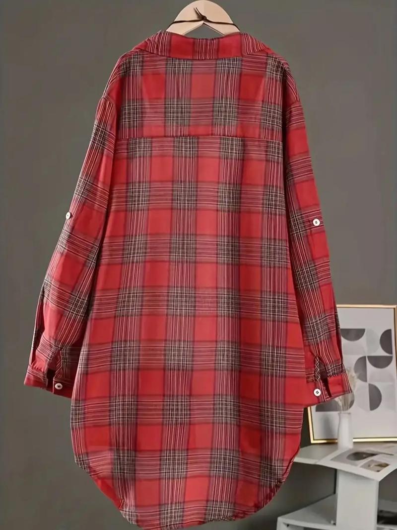 Product Introduction of Plus Size Plaid Print Button Front High Low Blouse, Casual Drop Shoulder Long Sleeve Top for Summer, Women's Clothes for Daily Wear 13