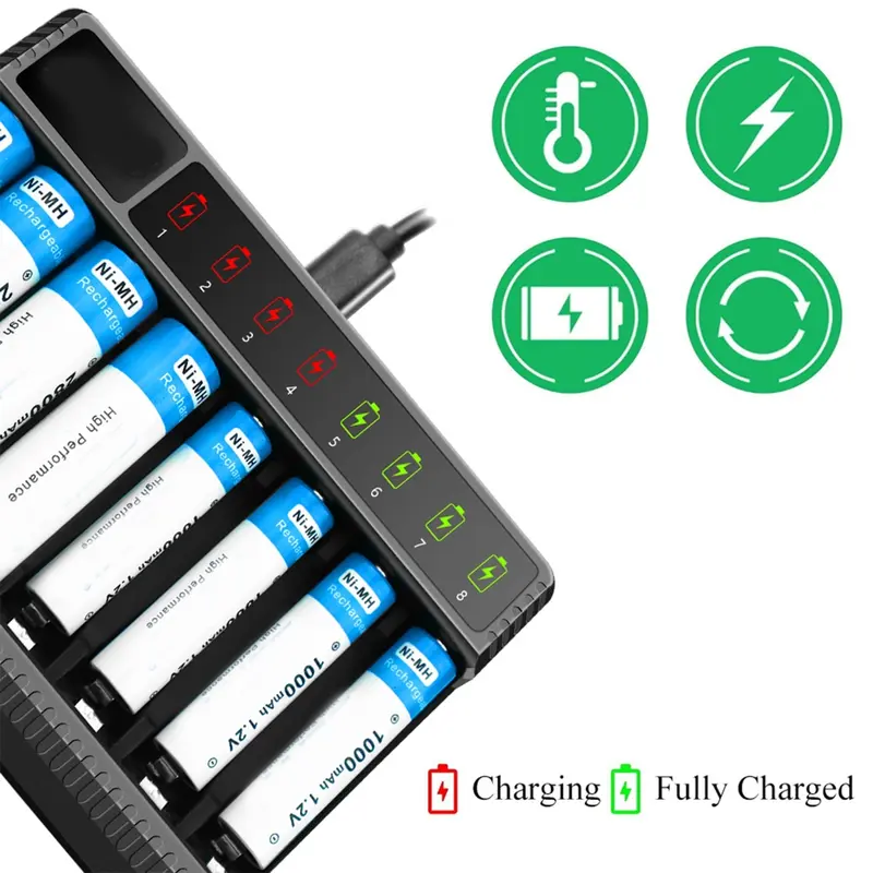 Bộ Sạc Pin AA AAA 8 Bay, LCD, USB C, Sạc Tốc Độ Cao, Khe Cắm Độc Lập Cho Pin Sạc NiMH NiCD 2