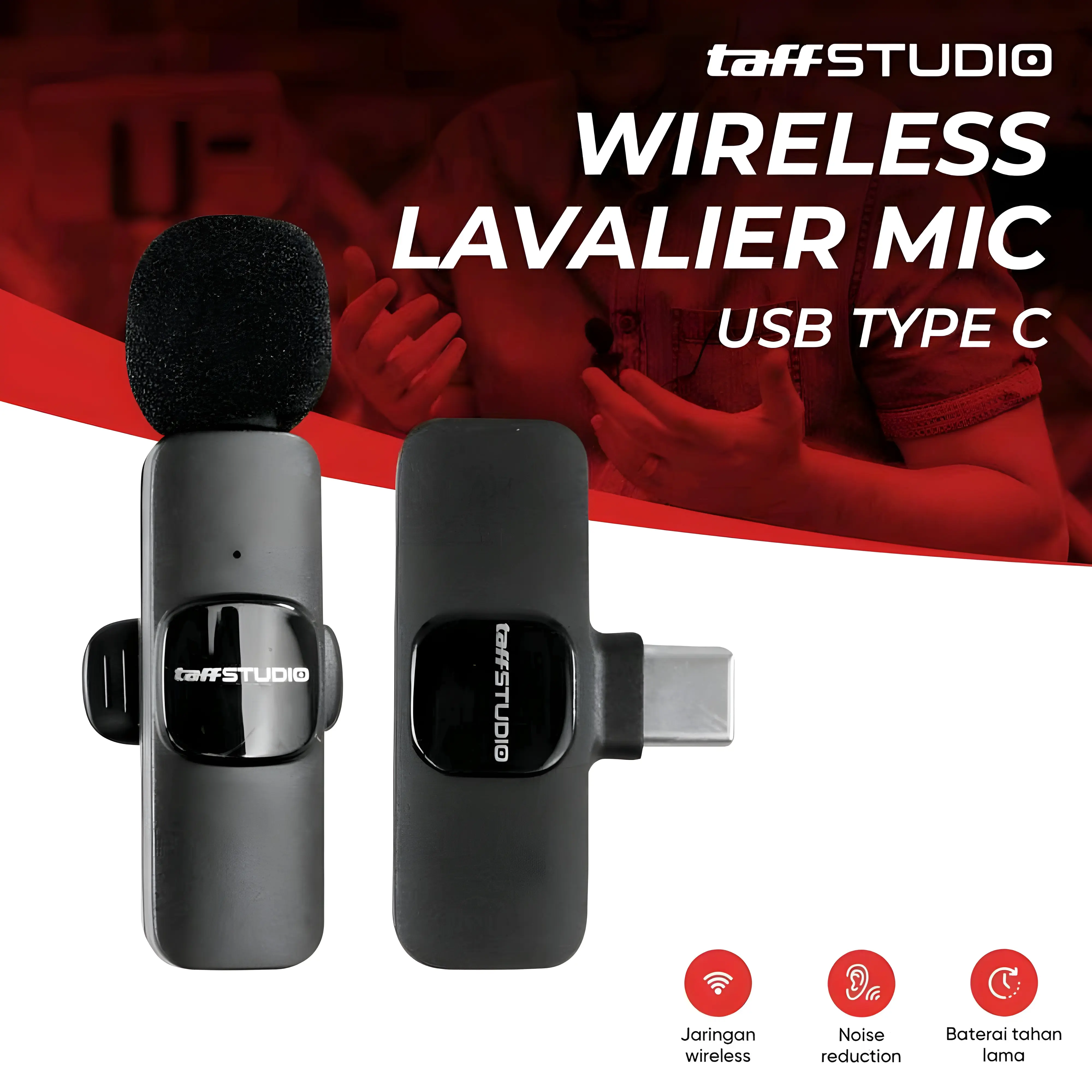 Wireless Microphone Taff Studio Lavalier Portable Microphone USB Type C Mikrofon Tanpa Kabel Dapat Diisi Ulang