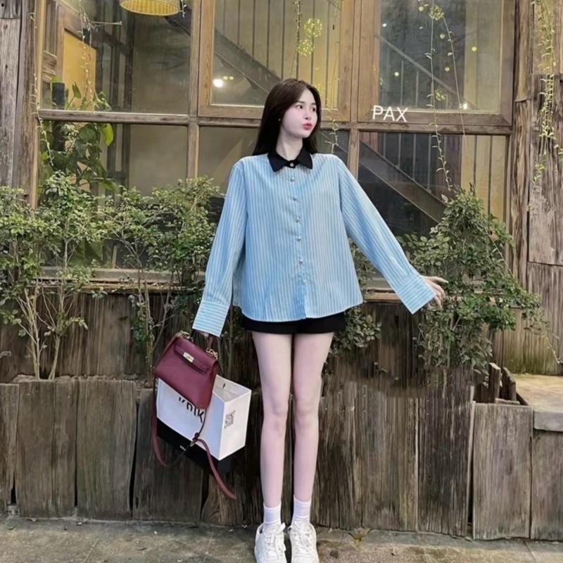 Sơ mi kẻ xanh dài tay thanh lịch cho nàng Nữ Women Top 4