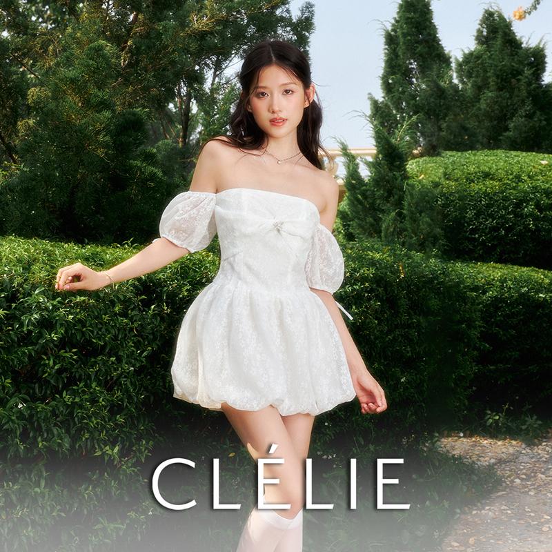 Váy bí corset đính nơ đá trễ vai tay phồng kèm quần bảo hộ | LILY DRESS - CLÉLIE