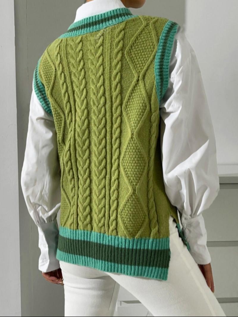 Product Introduction of Women's Contrast Binding Split Hem Cable Knit Sweater Vest, Casual V Neck Sleeveless Jumper Vest for Fall & Winter, Fashion Ladies' Knitwear for Daily Wear 2