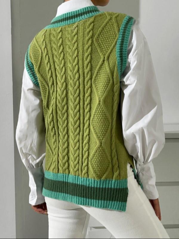 Women's Contrast Binding Split Hem Cable Knit Sweater Vest, Casual V Neck Sleeveless Jumper Vest for Fall & Winter, Fashion Ladies' Knitwear for Daily Wear 1