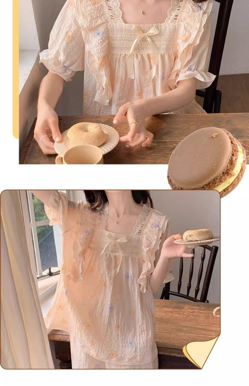Product Introduction of Bộ đồ ngủ bằng vải bông mùa hè của phụ nữ Dễ thương Patrick Ngôi sao ngắn tay ren trang trí bong bóng Nếp nhăn Mục vụ Loungewear hai mảnh Áo 9