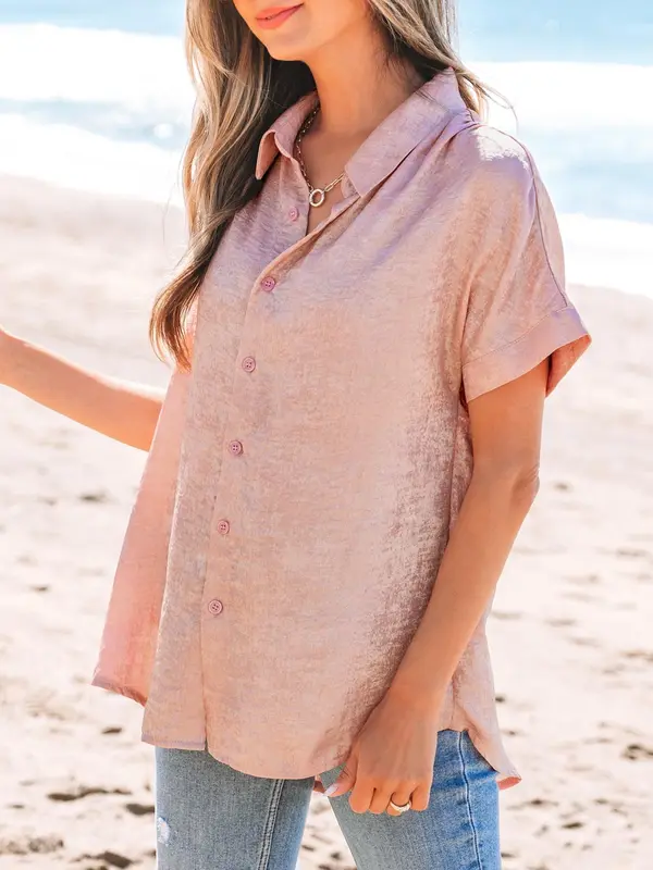 Women's Metallic Button Shirt, Elegant Curved Hem Short Sleeve Top for Spring & Fall, Ladies Clothes for Daily Wear 2