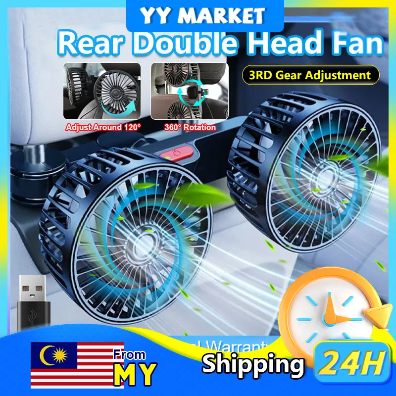 Car Dual Fan Air Conditioning Double Booster Cooler 360° USB Mini Fan For Car Van Truck Kipas Kereta Home 5/12/24V Kipas Kereta USB Car Fan Back Headrest Rear Seat Air Cooling Fan 3 Speed Wind For Car Van Truck Adjustable Automotive