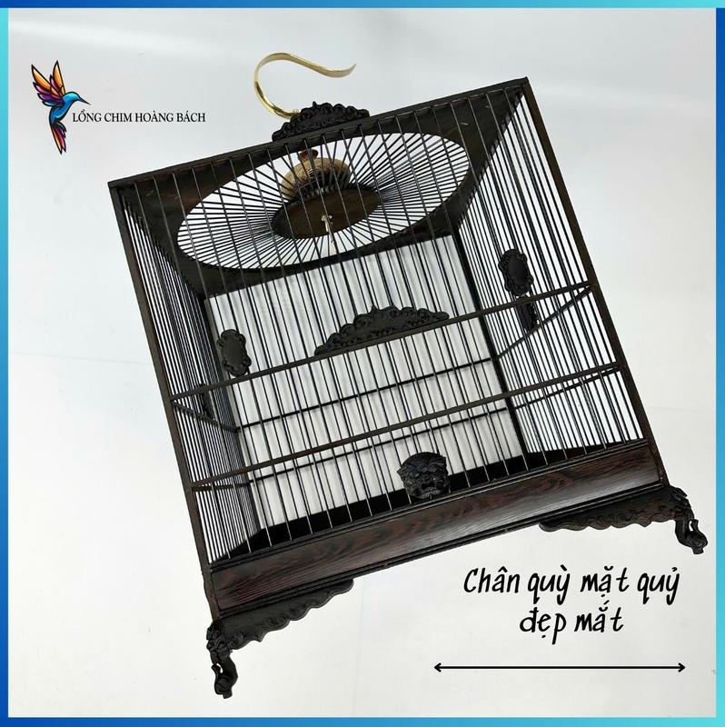 Lồng chim chào mào tự ráp triện lá đề nan cáp quang đen nóc tròn, lồng chào mào nóc tròn gỗ mun cao cấp