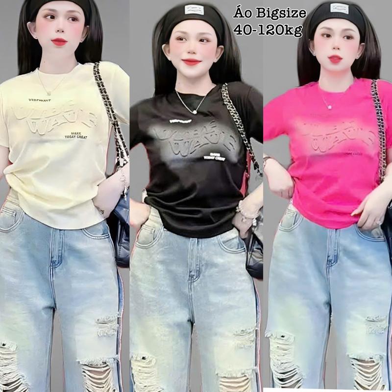 Áo Thun Nữ Bigsize Cổ Tròn Loang in Chữ Dập Nổi Chất Gân Tăm Co Giãn Xinh Đẹp Hot Hit Chuppy Dễ Thương Ôm Gọn Tôn Dáng Giá Rẻ Freesize 50-95kg Top Nữ Màu Xám Màu Đen Áo Croptop Áo Polo Áo Suit Áo Phông Nữ Women Màu Đỏ - 2412
