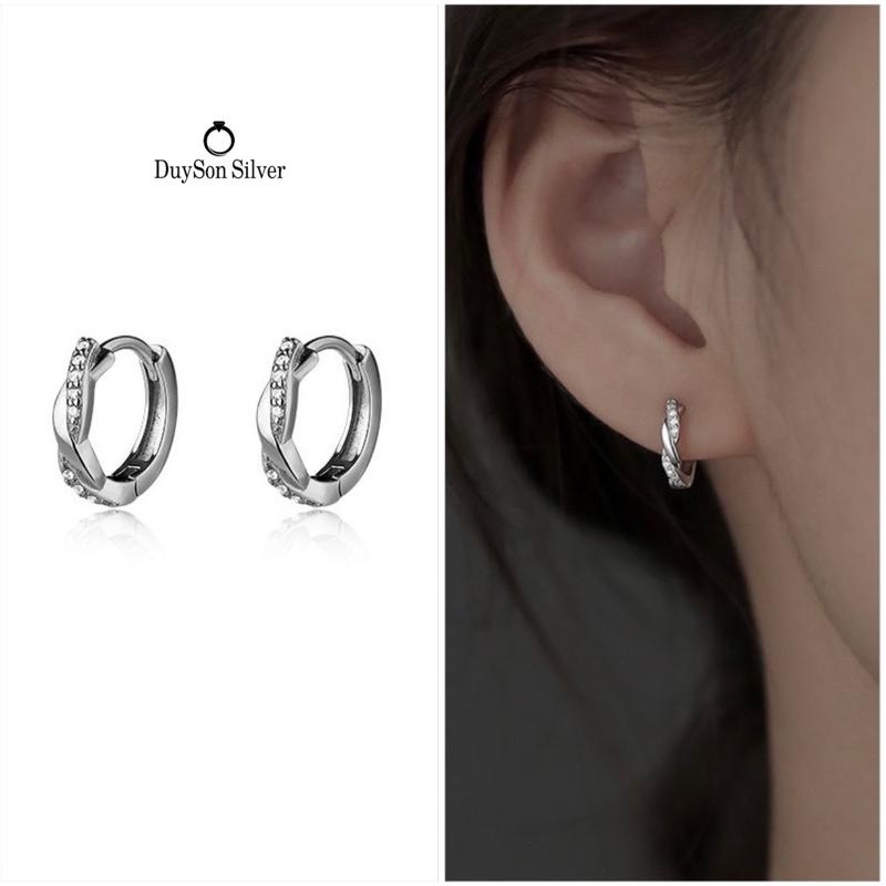 Khuyên tai bạc 925 nữ vòng xoắn đính đá, bông tai bạc 925 mạ vàng cao cấp DUYSON SILVER [KVDDXK7-KX]
