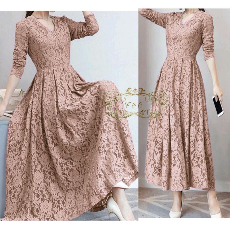 COD DRESS CASSIE/MAXI DRESS KONDANGAN BRUKAT LAPIS FURING Brokat Casual Baju Maxi Wanita lengan Panjang Pesta 2