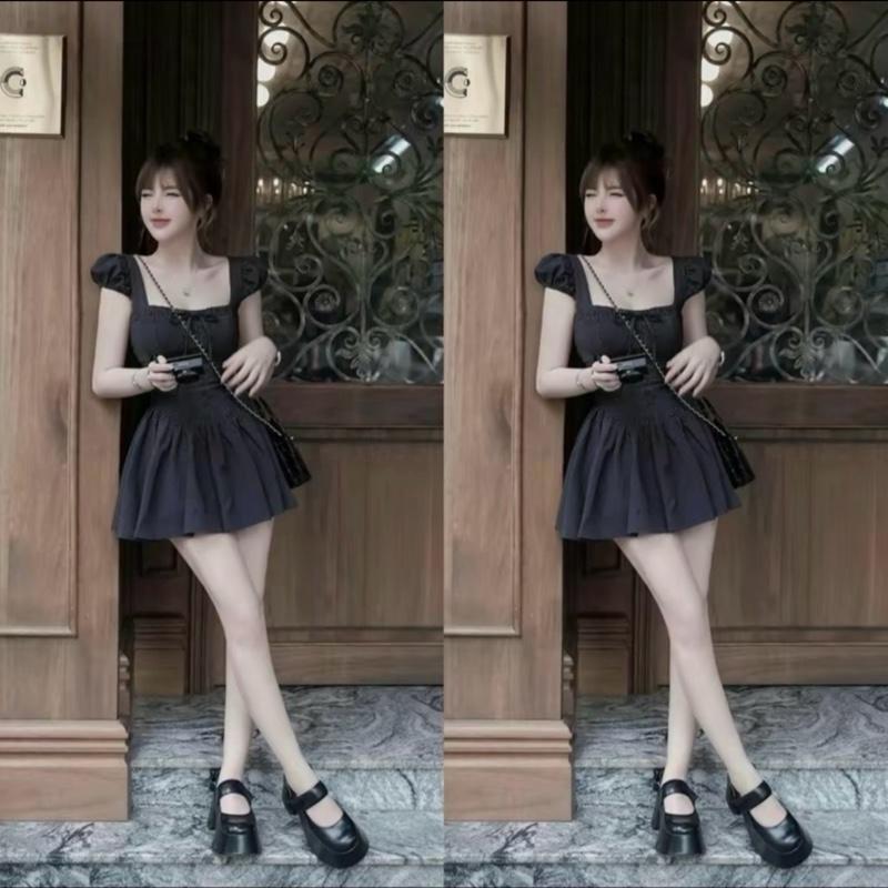 Đầm Cổ Vuông Xinh Kẻ Nơ Tay Bồng Váy Xếp Li Nữ 4