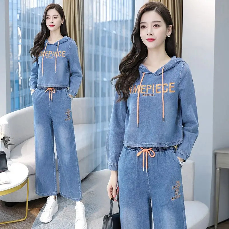 Bộ Đồ Jean Ống Rộng, Bộ Đồ Mùa Hè Cho Nữ, Phong Cách Cổ Điển Mới, Phong Cách Phương Tây, Áo Len Có Mũ Trùm Đầu, Bó Sát, Bộ Đồ Hai Mảnh, Xu Hướng Năm 2025 Women Top