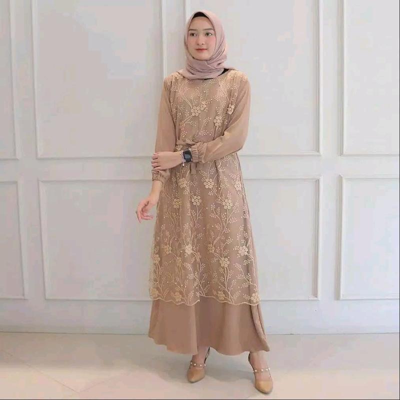 GAMIS BRUKAT SIMPELl/Maxi RINIA /Maxi BUSUI/GAMIS WANITA SELETING DEPAN Fit Formal Maxi  Muslim  Tile  Mutiara Formal Nyaman Dress Kondangan Variasi Pesta Mewah 4