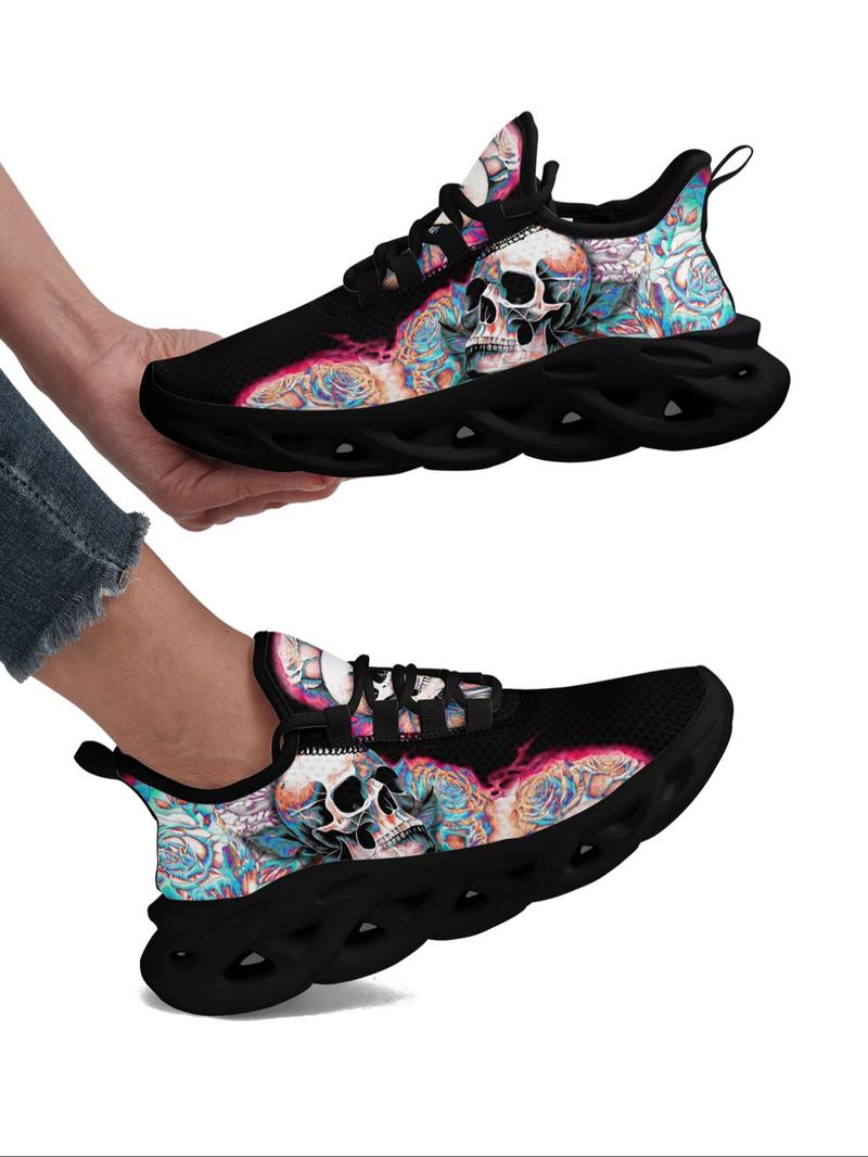 Product Introduction of Women's Trainers, Fashionable Skull & Floral Print Lace Up Low Top Sneakers, Casual Comfortable Blade Soles Sports Shoes, All-match Round Toe Chunky Sneakers for Daily 18