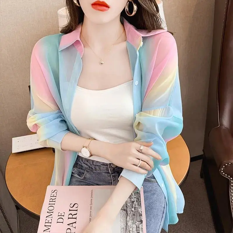 Áo Cánh Voan, Dành Cho Nữ, Mặc Mùa Hè, Hàng Mới Về Năm 2025, Dáng Rộng Vừa Vặn, Áo Mặc Bên Ngoài Mỏng, Thời Trang, Phong Cách Cổ Tích Dài Tay, Áo Chống Nắng Cầu Vồng