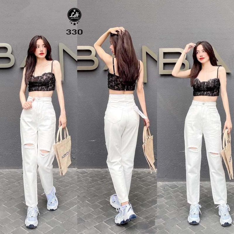 Quần baggy jean nữ màu trắng rách 2 gối đơn giản Lê Huy fashion MS 330