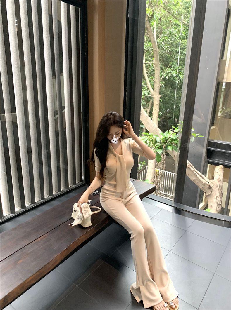 Product Introduction of CQ-Korean Style Ribbon  Short-Sleeved Knitted T-shirt Women's Summer Waist Elegant Slightly Mature Style Chic Blue Top SS24 [1470] 16