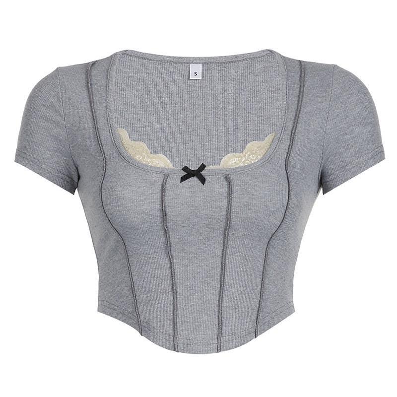 ÁO THUN CROPTOP XÁM PHỐI REN ĐÍNH NƠ H44 4