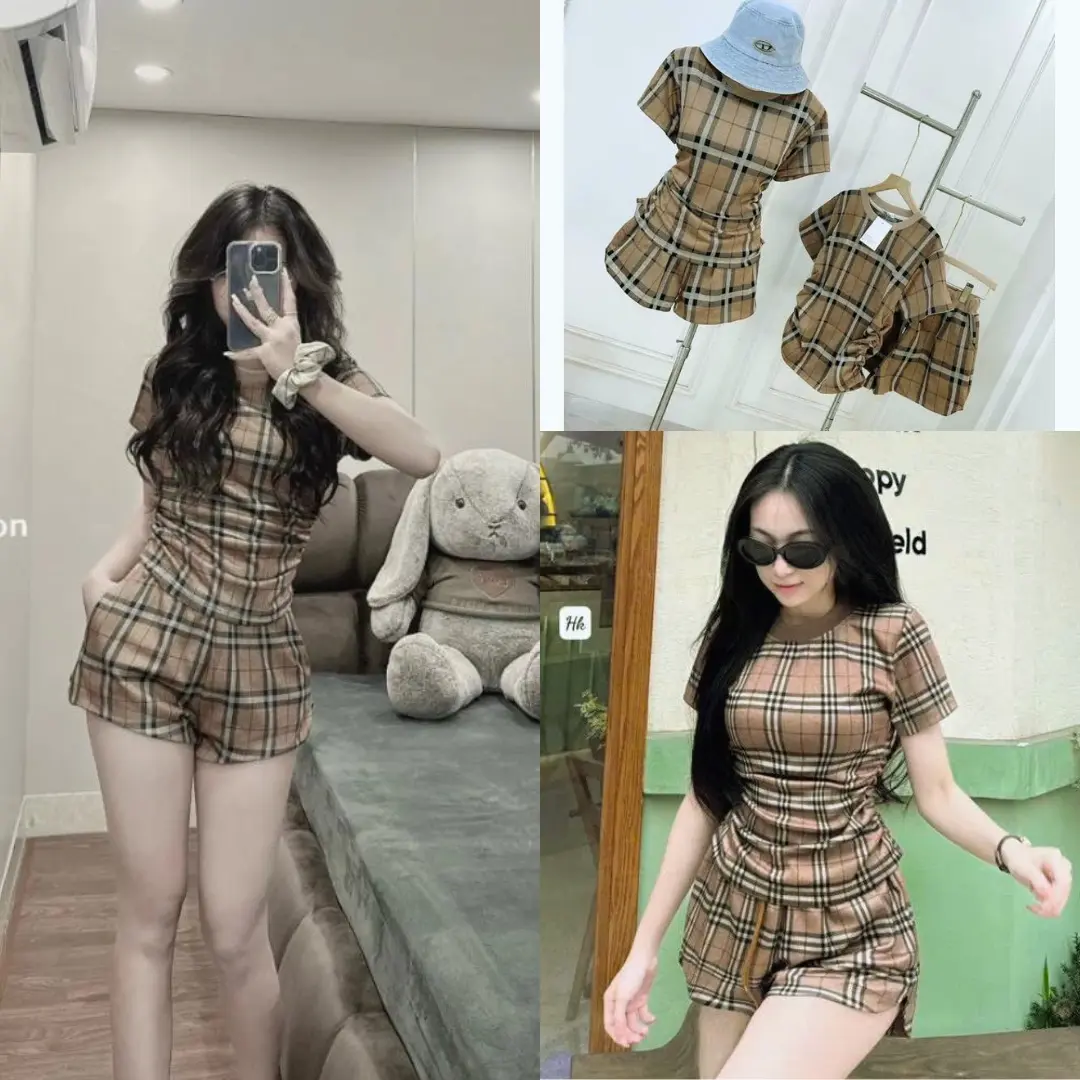 Sét Bộ Áo Thun Nữ Kẻ Ô Gồm Áo Phông Phối Kèm Quần Short Đùi Dáng Ôm Body Tôn Dáng Cao Top Siêu Hot Siêu Đẹp bộ  mùa  hè