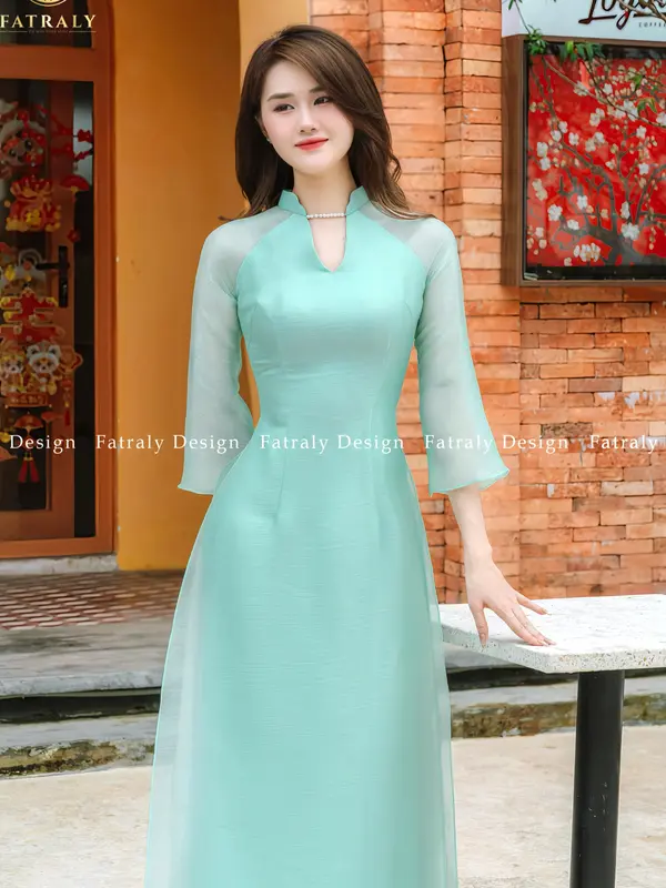 Áo dài nữ Fatraly thiết kế 4 tà màu xanh vải tơ lót lụa cao cấp 4