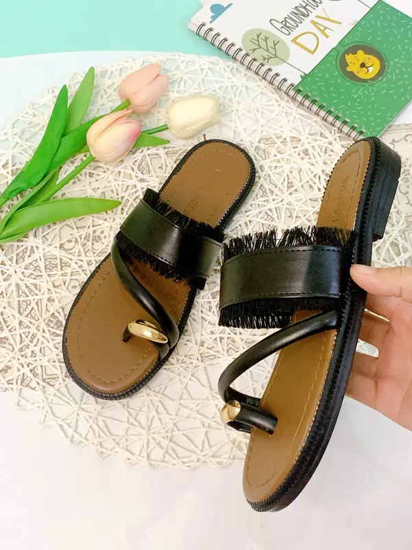 Dép nữ xỏ ngón đính khuy quai ngang tua rua thời trang Nhung DéP Shoes Jean Đế Bằng 8