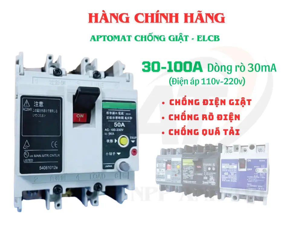 Aptomat, Cb bảo vệ điện giật, quá tải điện, rò điện 2P loại ngắn 30-100A dòng rò 30mA lắp tổng gia đình made in Japan ổ cắm đa năng thông minh hình chữ nhật thông minh