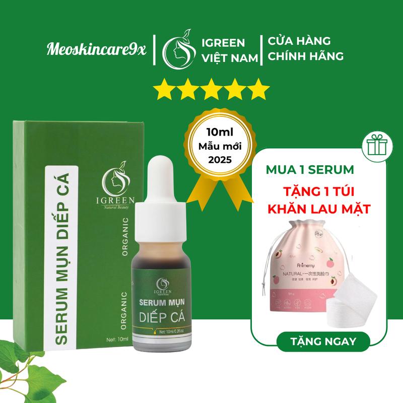 Serum mụn diếp cá IGREEN tặng túi khăn lau mặt hỗ trợ cải thiện mụn thâm se khít lỗ chân lông phục hồi da tổn thương da nhạy cảm meoskincare9x