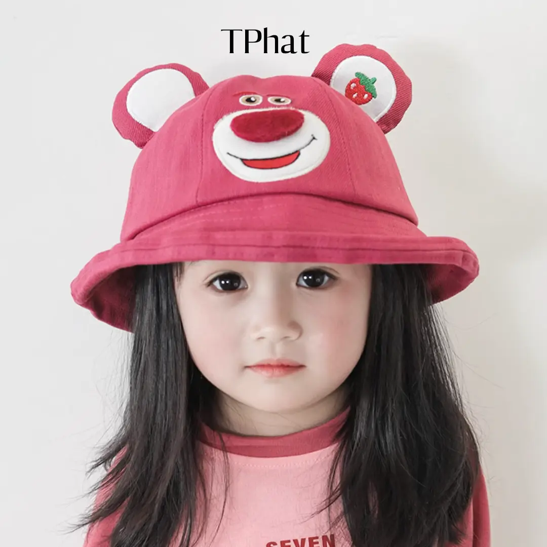 Mũ bucket GẤU VÀ DÂU LOTSO cho bé gái 6-15 tuổi vòng đầu 56 cm, nón tai bèo che nắng hoạ tiết dễ thương