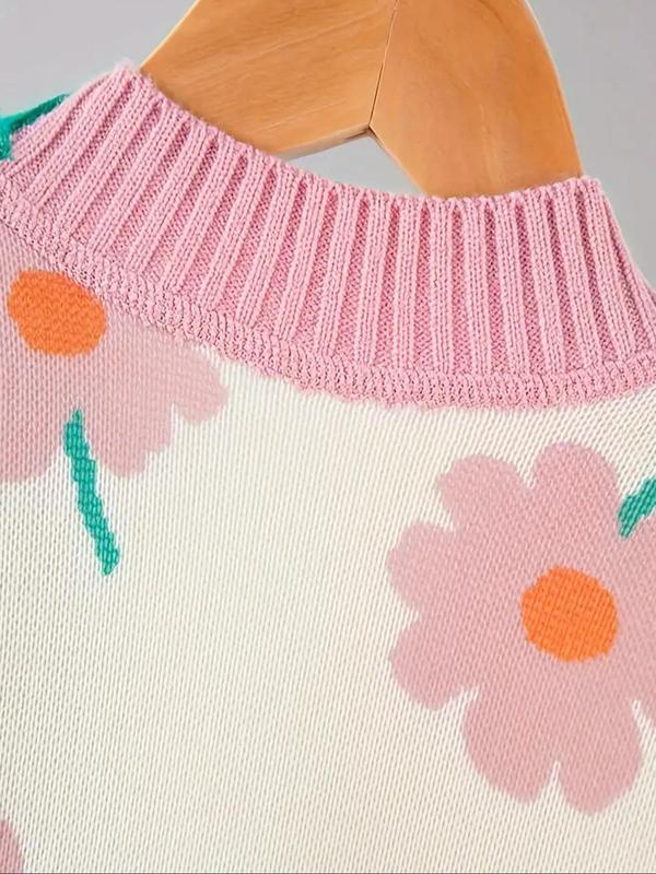 Girl's Colorblock & Floral Print Button Front Cardigan, Casual Drop Shoulder Long Sleeve Cardigan for Fall & Winter, Kids Clothing for Daily Wear 2