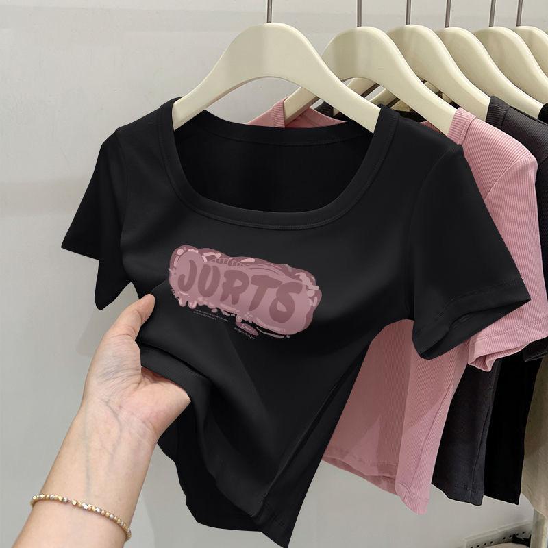 Áo Thun Cổ Vuông Ngắn, Cô Gái Nóng Bỏng Thuần Khiết, ngắn Tay Áo Nữ, Bó Sát Vừa Vặn, Áo Dễ Phối Đồ Thích Hợp Cho Năm 2025 Top Women 2