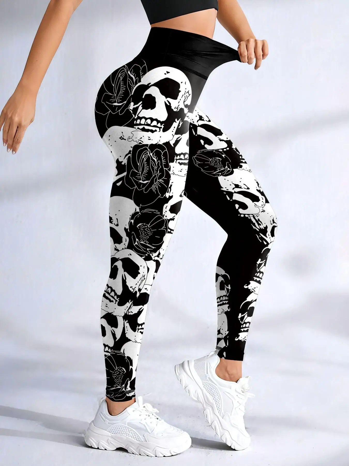 Women's Skull & Flower Print Leggings, Casual Comfy Breathable High Stretch Skinny Pants for Yoga Gym Workout Running, Ladies Bottoms for All Seasons