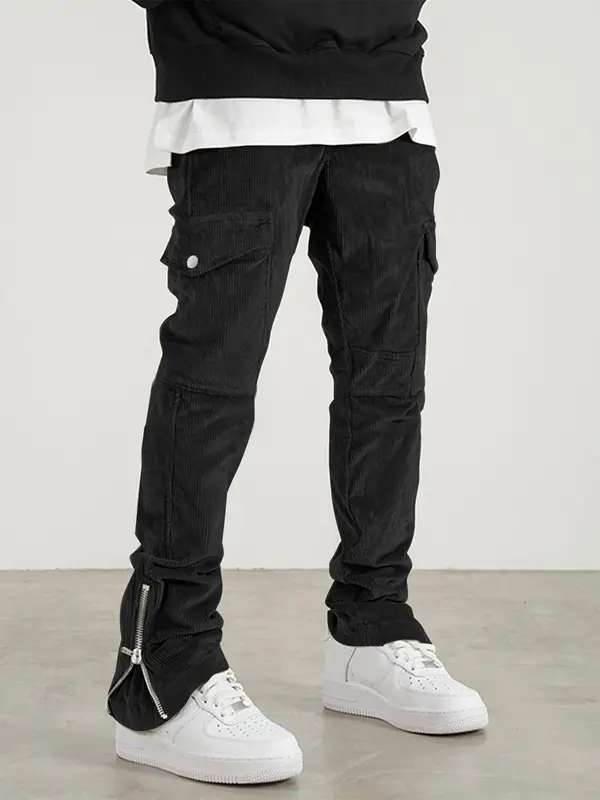 Men's Plain Flap Pocket Drawstring Waist Corduroy Cargo Pants, Regular Fit Street Fashion Zipper Split Trousers For Daily Wear, Men's Bottoms For Fall & Winter 0