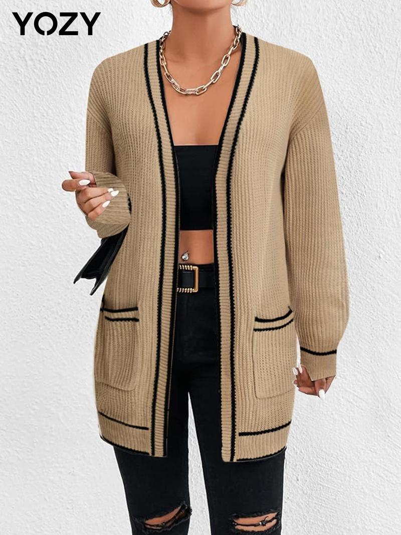 Product Introduction of YOZY Women's Contrast Binding Drop Shoulder Cable Knit Cardigan, Casual Long Sleeve Pocket Open Front Knitwear for Fall & Winter, Fashion Ladies' Knit Clothing for Daily Wear 5