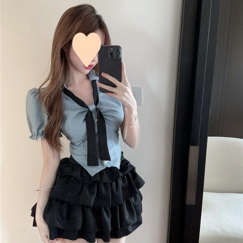 Product Introduction of Pure Desire Hot Girl Uniform Two-Piece Set Shirt Short Top Cake Puff Skirt High Waist Slimming Short Skirt Set 6