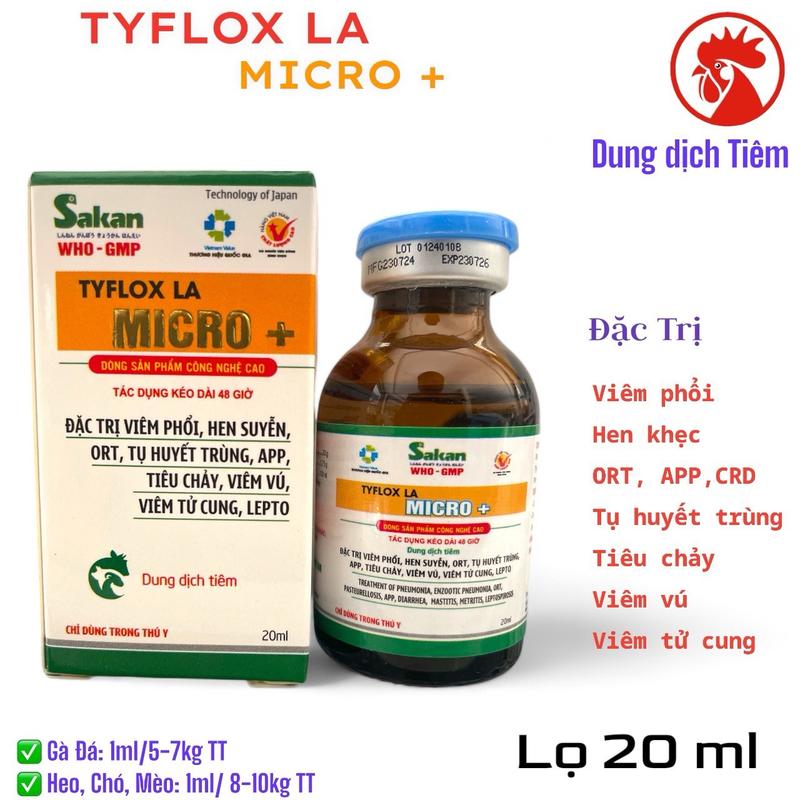 Tyflox LA Micro + lọ 20ml tiêm xử lý bệnh viêm phổi khò khè hen khẹc CRD ORT APP viêm vú viêm tử cung tiêu chảy trên gà đá gà chọi gà tre gà nòi heo chó mèo.