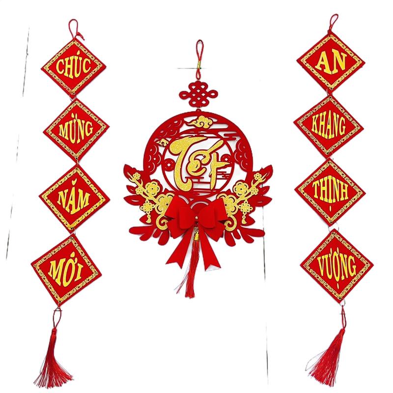Set 2 dây câu đối + 1 Liễn nhung đỏ hình tròn trang trí ngày tết