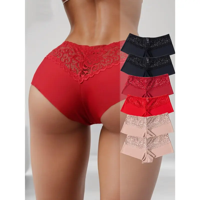 6 Pieces Lace Stitched Boy Shorts, Soft and Comfortable Stretch Panties, Women's Underwear and Underwear 1