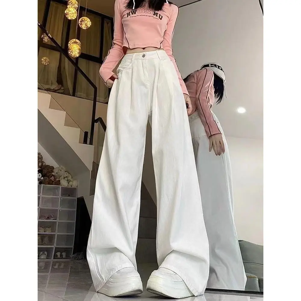 Quần Jean Ống Rộng Xếp Ly, Màu Trắng, Dành Cho Nữ, Cạp Cao, Dáng Rộng Rãi Và Bó Sát, Quần quét đất Nhà Thẳng, Hàng Mới Về Mùa Thu 2024